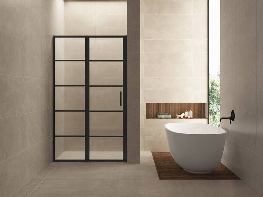 Wiesbaden Douchedeur Nisdeur Horizon Links Rechts met Vaste Wand 140cm Antikalk Helderglas Mat Zwart Profiel en 8mm Veiligheidsglas