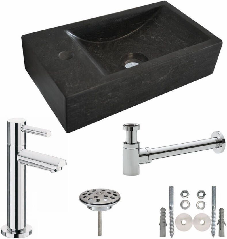 Wiesbaden Fonteinset Natura Rechthoek Links 40x22x10cm Hardsteen Antraciet Chroom Toiletkraan Sifon Plug Bevestigingsset