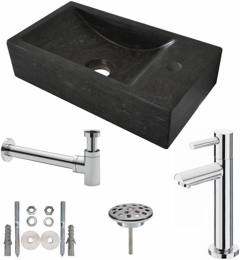 Wiesbaden Fonteinset Natura Rechthoek Rechts 40x22x10cm Hardsteen Antraciet Chroom Toiletkraan Sifon Plug Bevestigingsset
