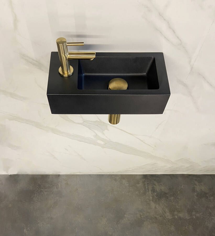 Wiesbaden Fonteinset Mini-Rhea Rechthoek Links 36x18x9cm Keramiek Quartz Zwart Goud Toiletkraan Amador Sifon Plug Bevestigingsset