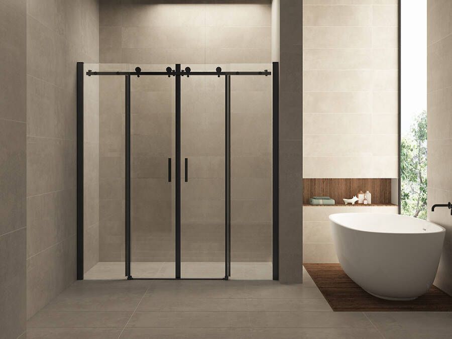 Wiesbaden Douchedeur Schuifbare Nisdeur 4-delig 180x200 cm met Antikalk Helder Glas en 8mm Veiligheidsglas Mat Zwart