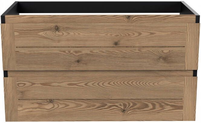 Arcqua Nature wastafelonderkast 89.5x45.9cm met softclose Greeploos 2 lades hout met melamine afwerking fronten echt eiken mat zwart ONK177496