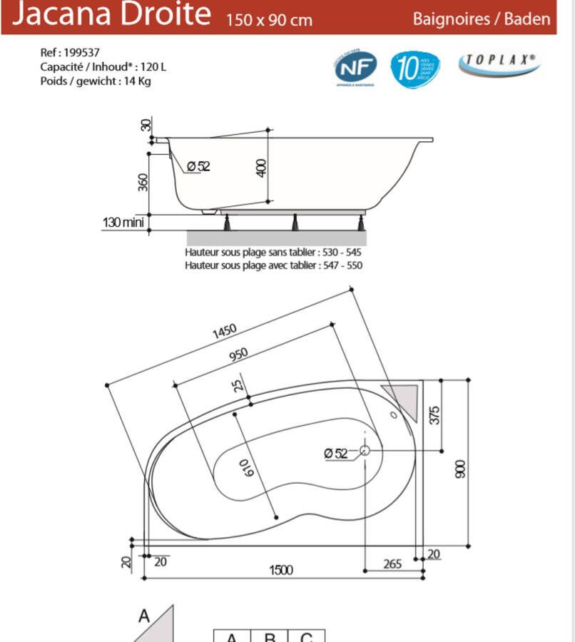 Allibert JACANA GAIN DE PLACE Links asymmetrisch bad 150 x 90 x 54 5-54 8 cm