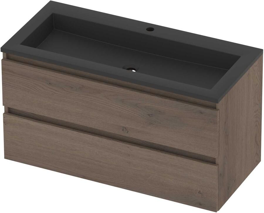 Basic-Line Aura 46 Badmeubelset Acryl 1 Kraangat Greeploos 100x46x54 cm Dusk Oak Mat Zwart