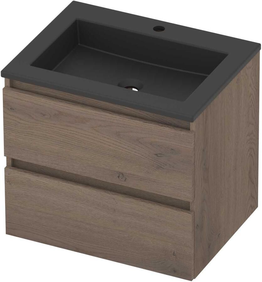 Basic-Line Aura 46 Badmeubelset Acryl 1 Kraangat Greeploos 60x46x54 cm Dusk Oak Mat Zwart