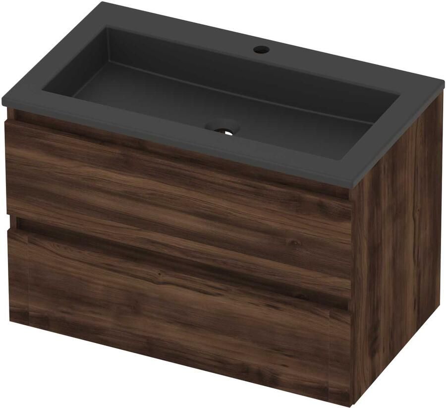 Basic-Line Aura 46 Badmeubelset Acryl 1 Kraangat Greeploos 80x46x54 cm Barista Oak Mat Zwart