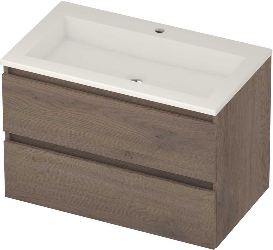 Basic-Line Aura 46 Badmeubelset Acryl 1 Kraangat Greeploos 80x46x54 cm Dusk Oak Glans Wit