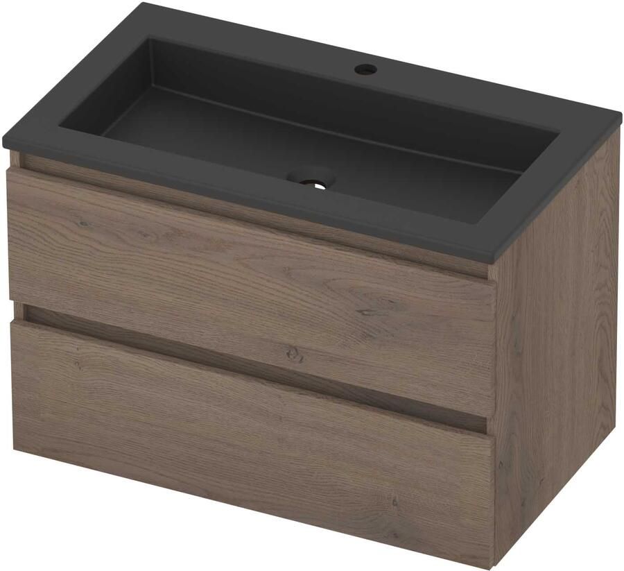 Basic-Line Aura 46 Badmeubelset Acryl 1 Kraangat Greeploos 80x46x54 cm Dusk Oak Mat Zwart