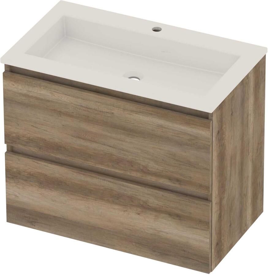 Basic-Line Aura 46 Badmeubelset Acryl 1 Kraangat Greeploos 80x46x62 cm Scotch Oak Glans Wit