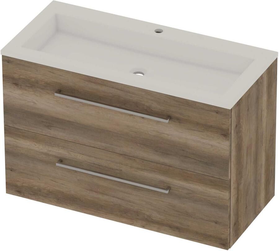 Basic-Line Aura 46 Badmeubelset Acryl 1 Kraangat Voor Grepen 100x46x62 cm Scotch Oak Glans Wit