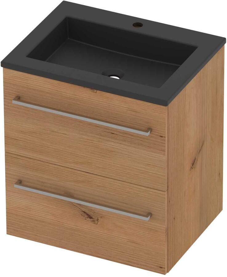 Basic-Line Aura 46 Badmeubelset Acryl 1 Kraangat Voor Grepen 60x46x62 cm Whisky Oak Mat Zwart