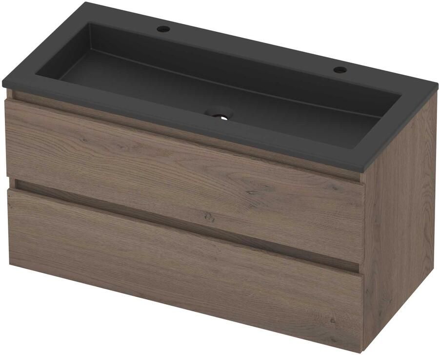 Basic-Line Aura 46 Badmeubelset Acryl 2 Kraangaten Greeploos 100x46x54 cm Dusk Oak Mat Zwart