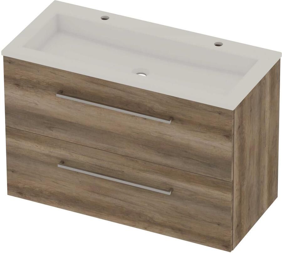 Basic-Line Aura 46 Badmeubelset Acryl 2 Kraangaten Voor Grepen 100x46x62 cm Scotch Oak Glans Wit