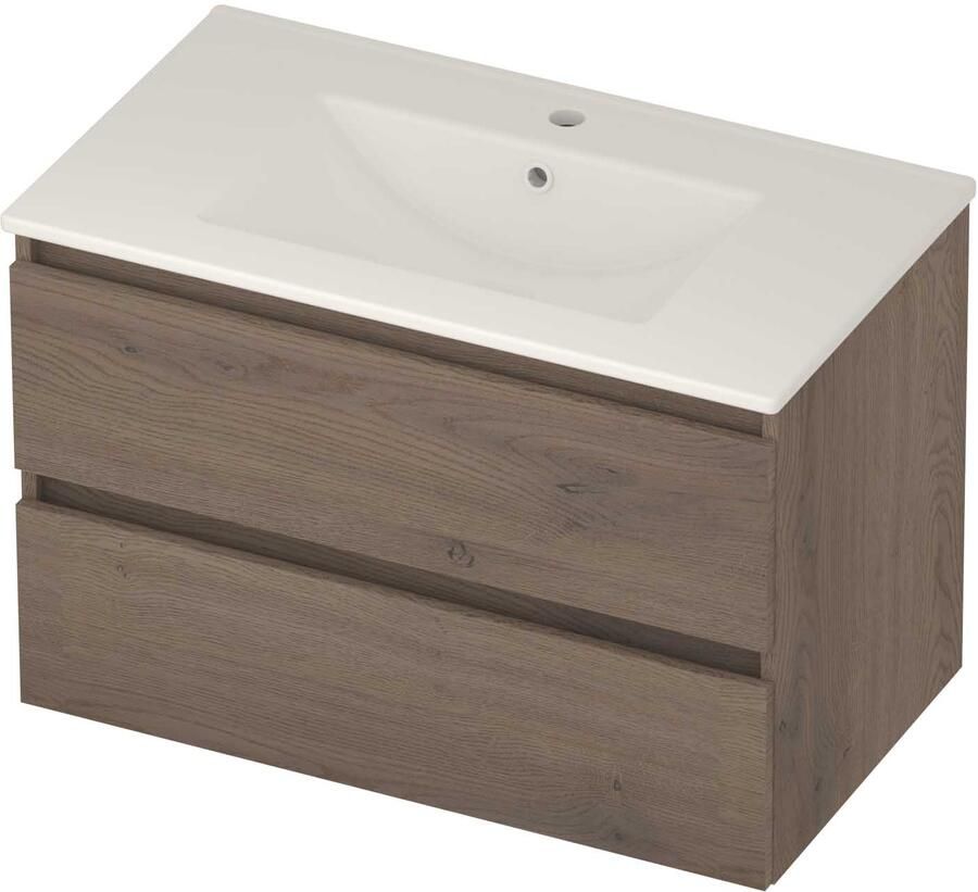 Basic-Line Coach 46 Badmeubelset Porselein 1 Kraangat Greeploos 80x46x54 cm Dusk Oak Glans Wit