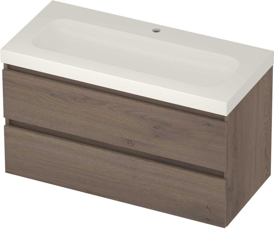 Basic-Line Moby 46 Badmeubelset Polystone 1 Kraangat Greeploos 100x46x58 cm Dusk Oak Glans Wit