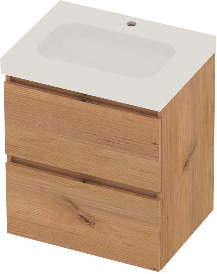 Basic-Line Moby 46 Badmeubelset Polystone 1 Kraangat Greeploos 60x46x66 cm Whisky Oak Glans Wit