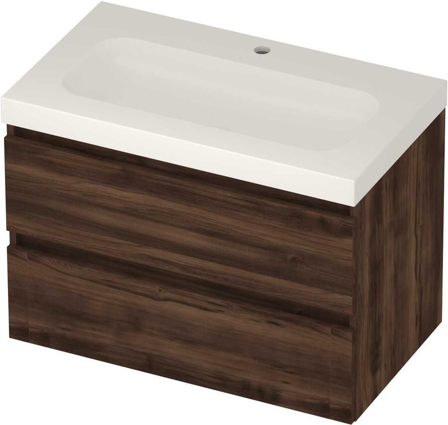 Basic-Line Moby 46 Badmeubelset Polystone 1 Kraangat Greeploos 80x46x58 cm Barista Oak Glans Wit