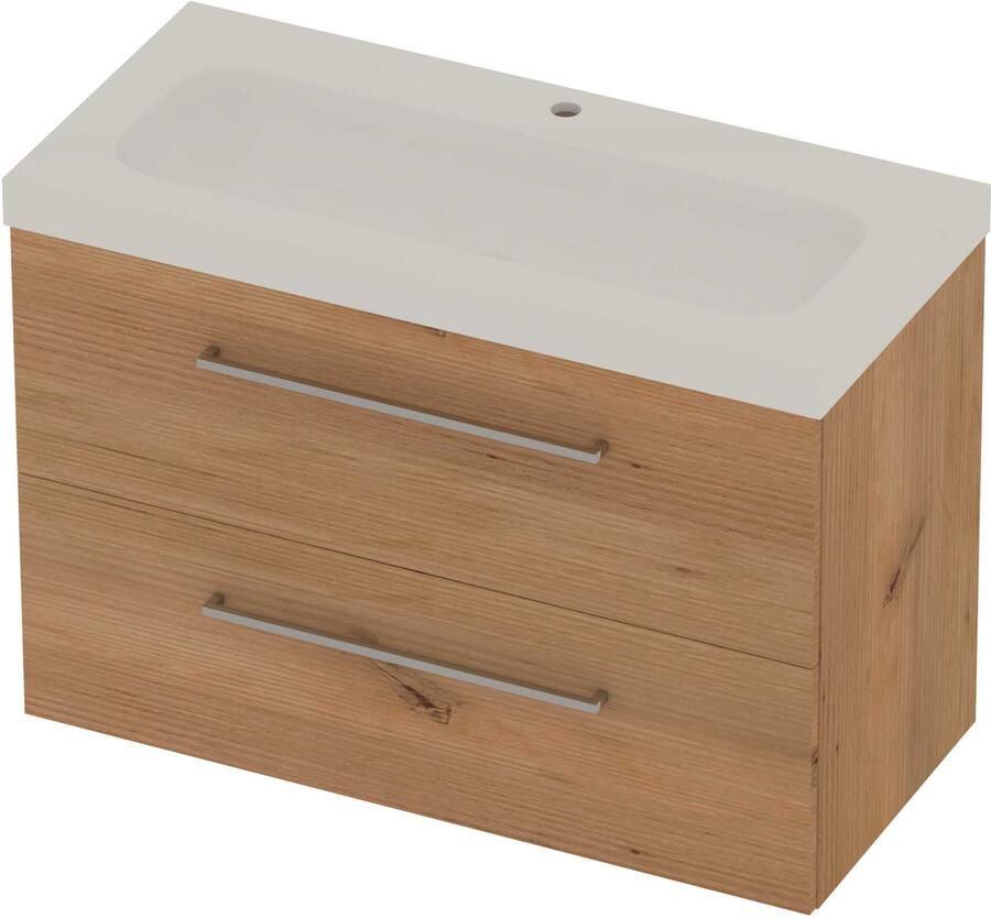 Basic-Line Moby 46 Badmeubelset Polystone 1 Kraangat Voor Grepen 100x46x66 cm Whisky Oak Glans Wit