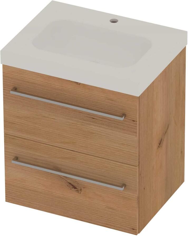 Basic-Line Moby 46 Badmeubelset Polystone 1 Kraangat Voor Grepen 60x46x66 cm Whisky Oak Glans Wit
