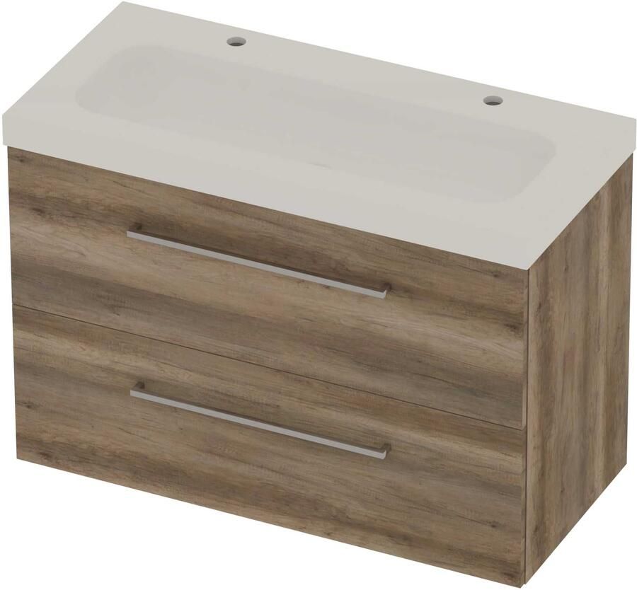 Basic-Line Moby 46 Badmeubelset Polystone 2 Kraangaten 100x46x66 cm Scotch Oak Glans Wit