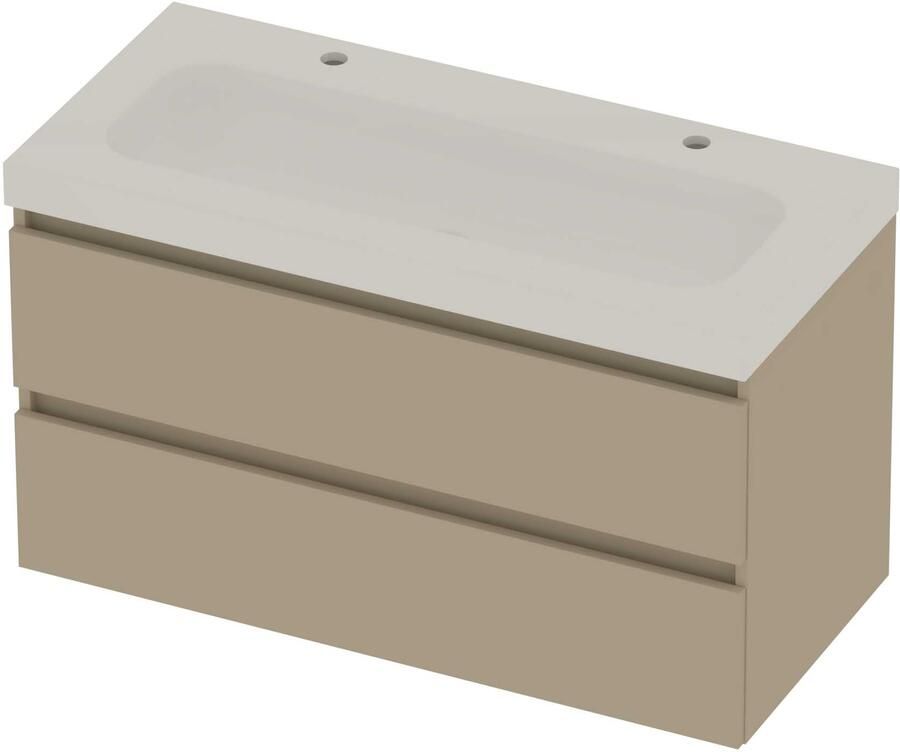 Basic-Line Moby 46 Badmeubelset Polystone 2 Kraangaten Greeploos 100x46x58 cm Mat Beige Glans Wit