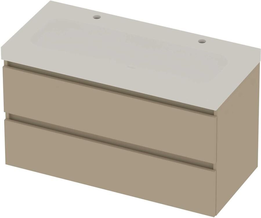Basic-Line Moby 46 Badmeubelset Polystone 2 Kraangaten Greeploos 100x46x58 cm Mat Beige Mat Wit