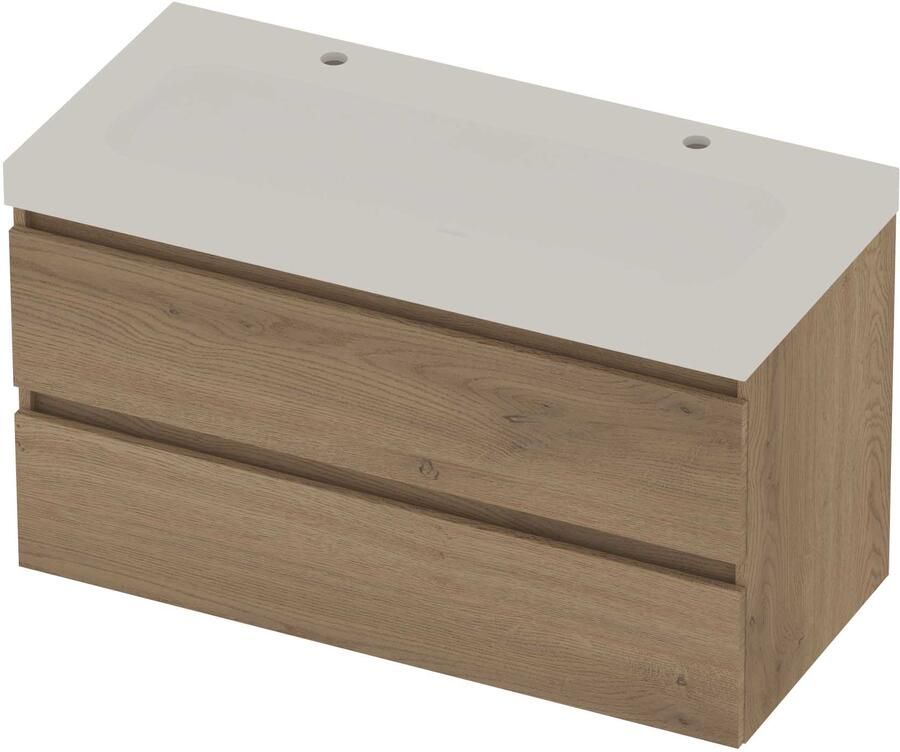 Basic-Line Moby 46 Badmeubelset Polystone 2 Kraangaten Greeploos 100x46x58 cm Pure Oak Mat Wit
