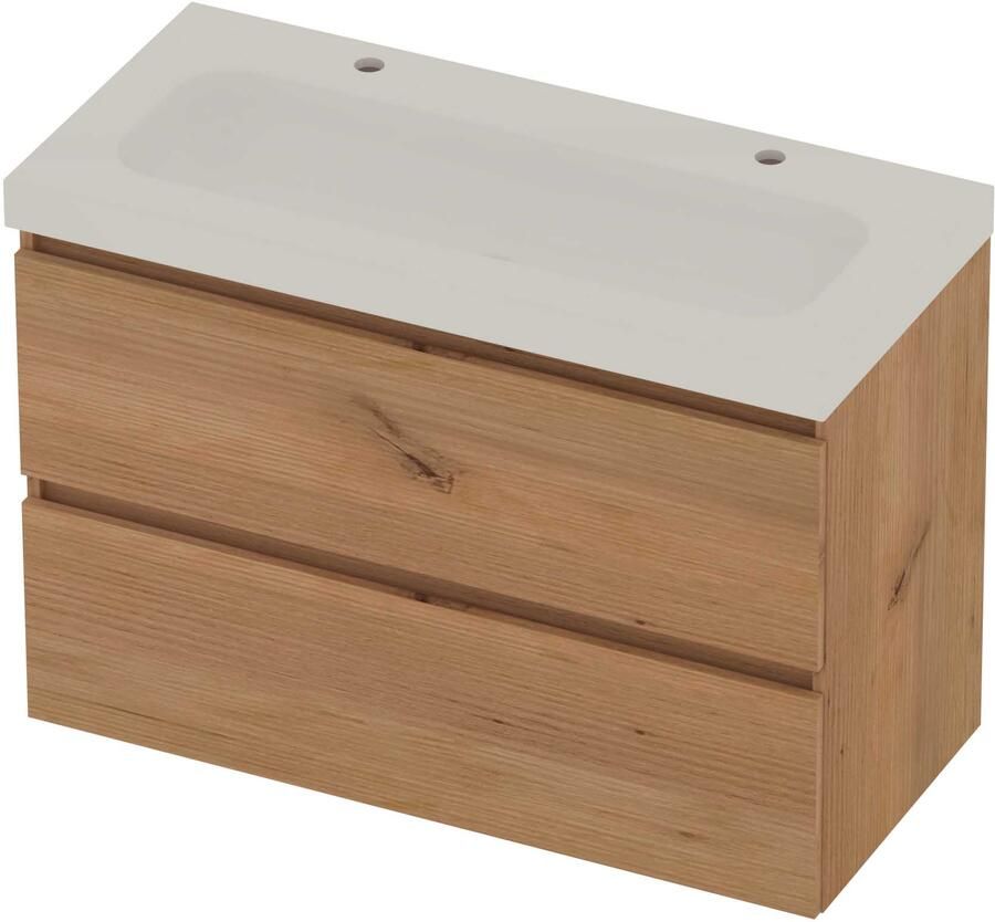Basic-Line Moby 46 Badmeubelset Polystone 2 Kraangaten Greeploos 100x46x66 cm Whisky Oak Glans Wit