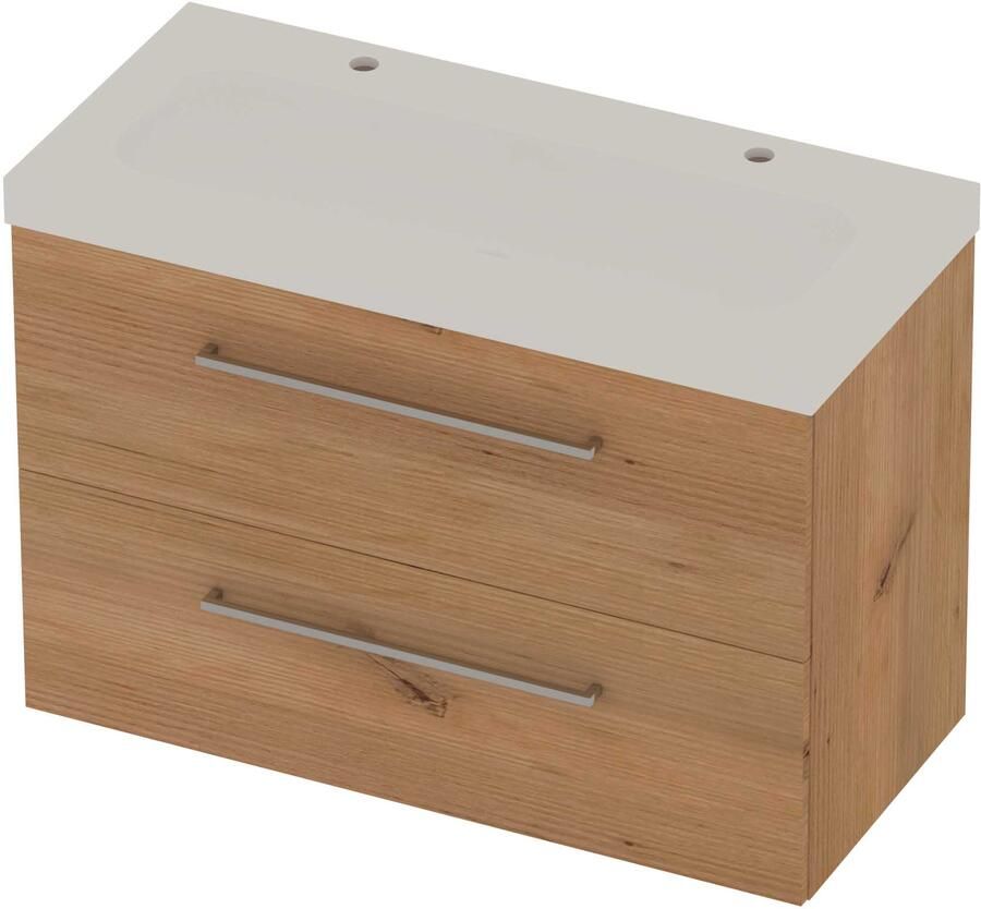 Basic-Line Moby 46 Badmeubelset Polystone 2 Kraangaten Voor Grepen 100x46x66 cm Whisky Oak Mat Wit