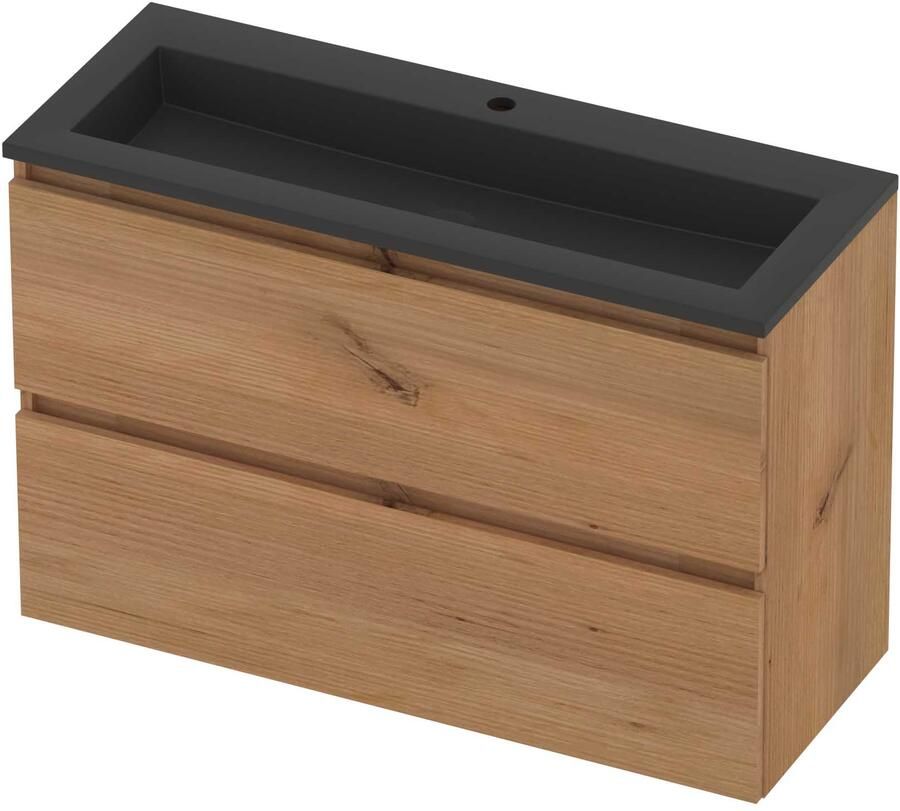 Basic-Line Mood 39 Badmeubelset Acryl 1 Kraangat Greeploos 100x39x62 cm Whisky Oak Mat Zwart