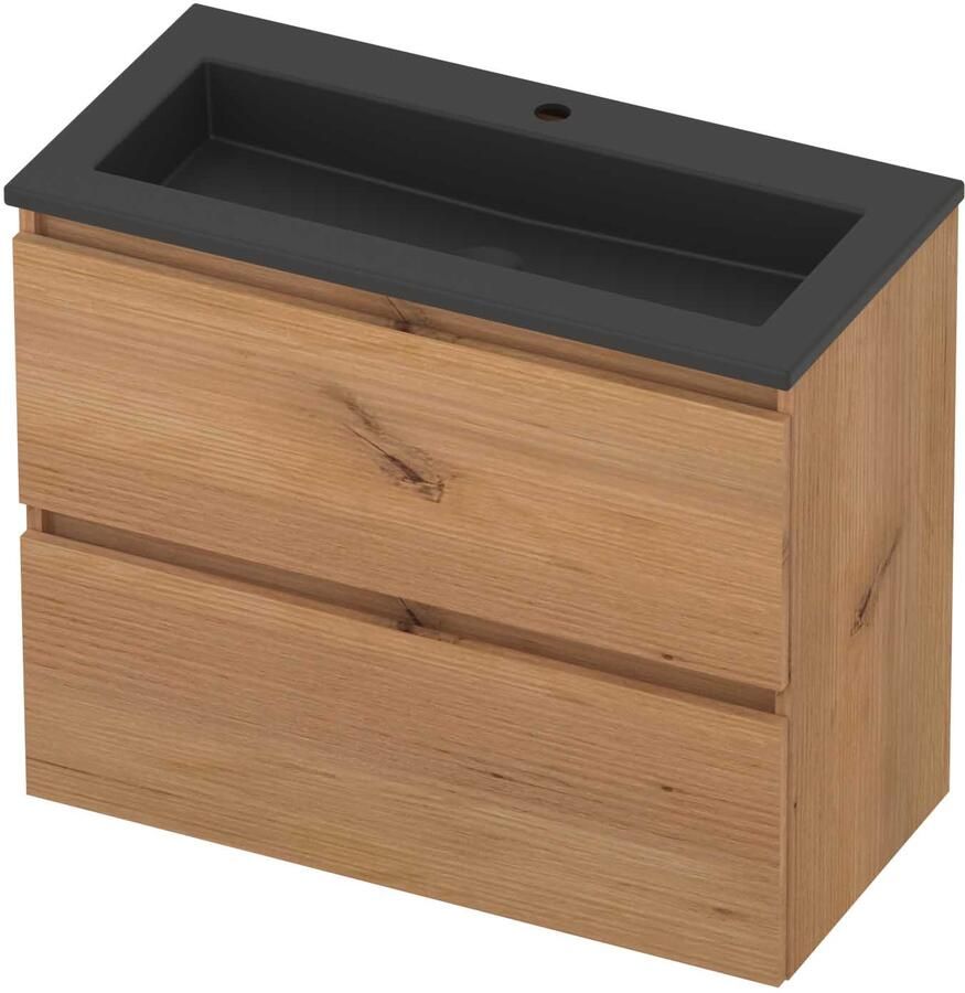 Basic-Line Mood 39 Badmeubelset Acryl 1 Kraangat Greeploos 80x39x62 cm Whisky Oak Mat Zwart