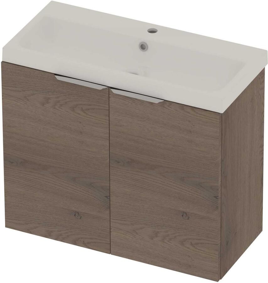 Basic-Line Pretty 36 Badmeubelset Polystone 1 Kraangat Voor Grepen 80x36x70 cm Dusk Oak Glans Wit