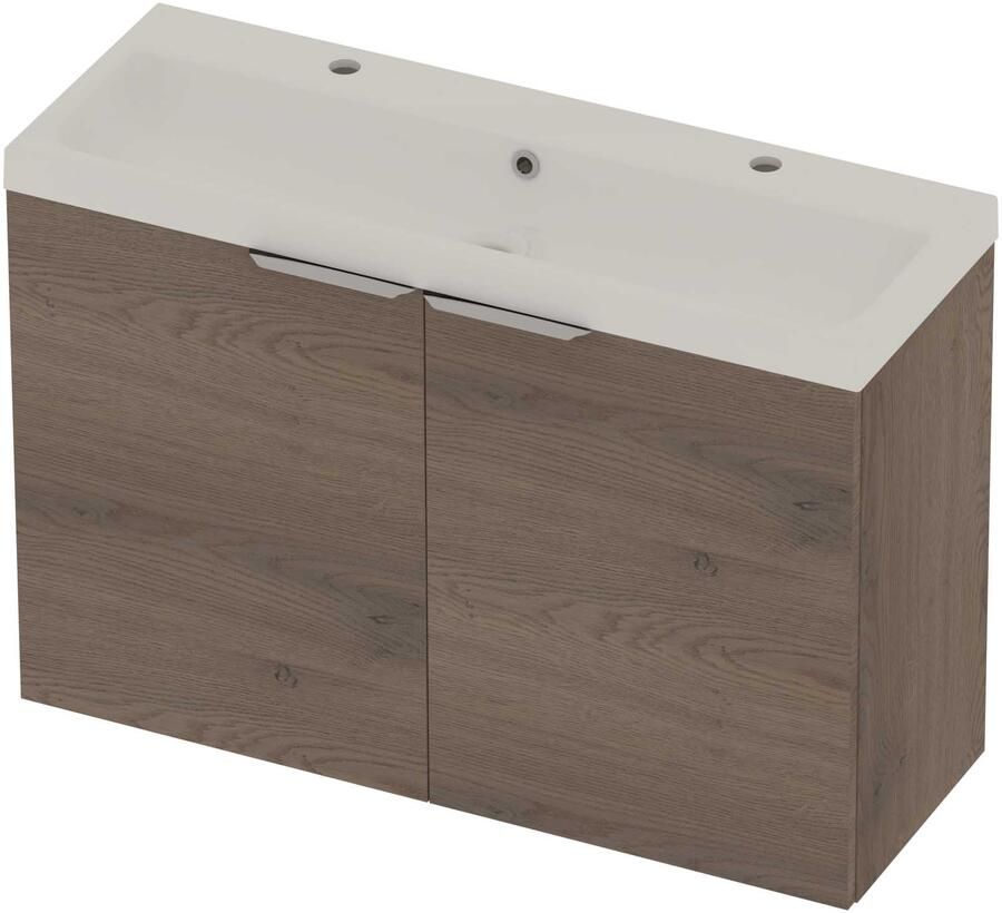 Basic-Line Pretty 36 Badmeubelset Polystone 2 Kraangaten 100x36x70 cm Dusk Oak Glans Wit