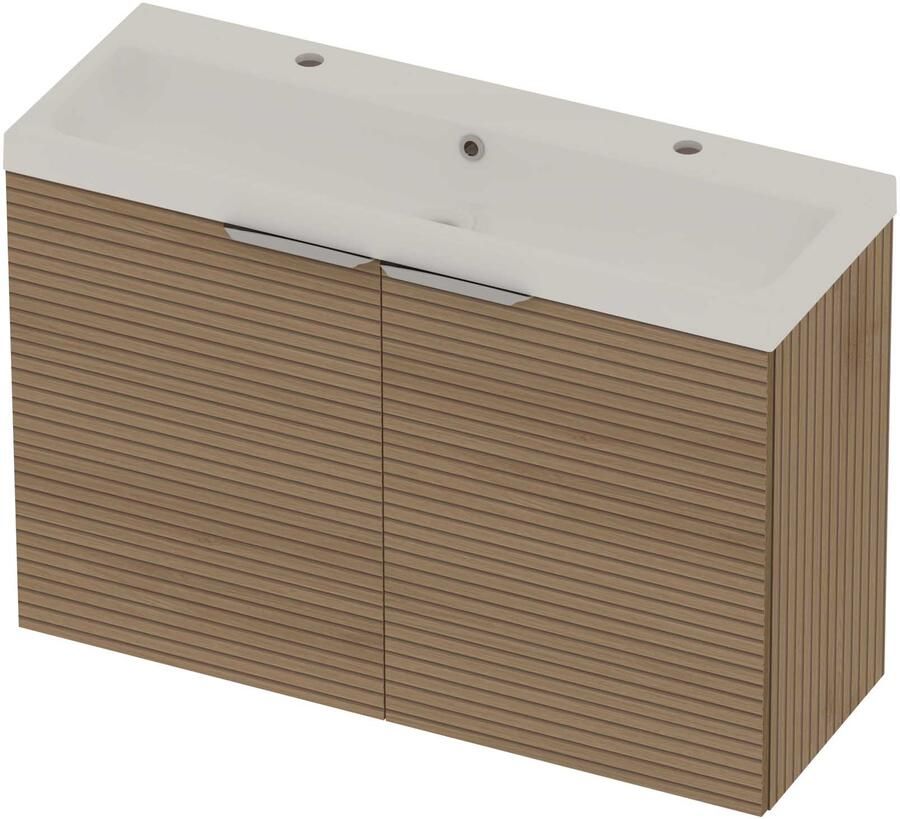 Basic-Line Pretty 36 Badmeubelset Polystone 2 Kraangaten 100x36x70 cm Lamello Oak Glans Wit