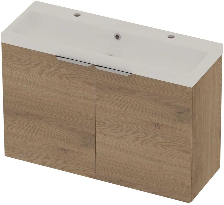 Basic-Line Pretty 36 Badmeubelset Polystone 2 Kraangaten 100x36x70 cm Pure Oak Glans Wit
