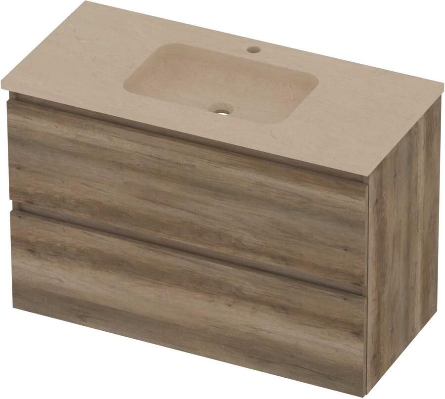 Basic-Line Rocky 46 Badmeubelset Hardsteen 1 Kraangat Greeploos 100x46x62 cm Scotch Oak Sand Stone
