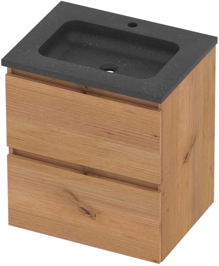 Basic-Line Rocky 46 Badmeubelset Hardsteen 1 Kraangat Greeploos 60x46x62 cm Whisky Oak Blue Stone