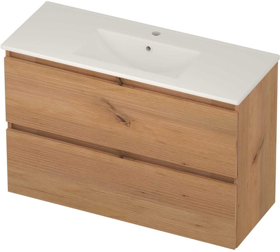 Basic-Line Score 39 Badmeubelset Porselein 1 Kraangat Greeploos 100x39x62 cm Whisky Oak Glans Wit
