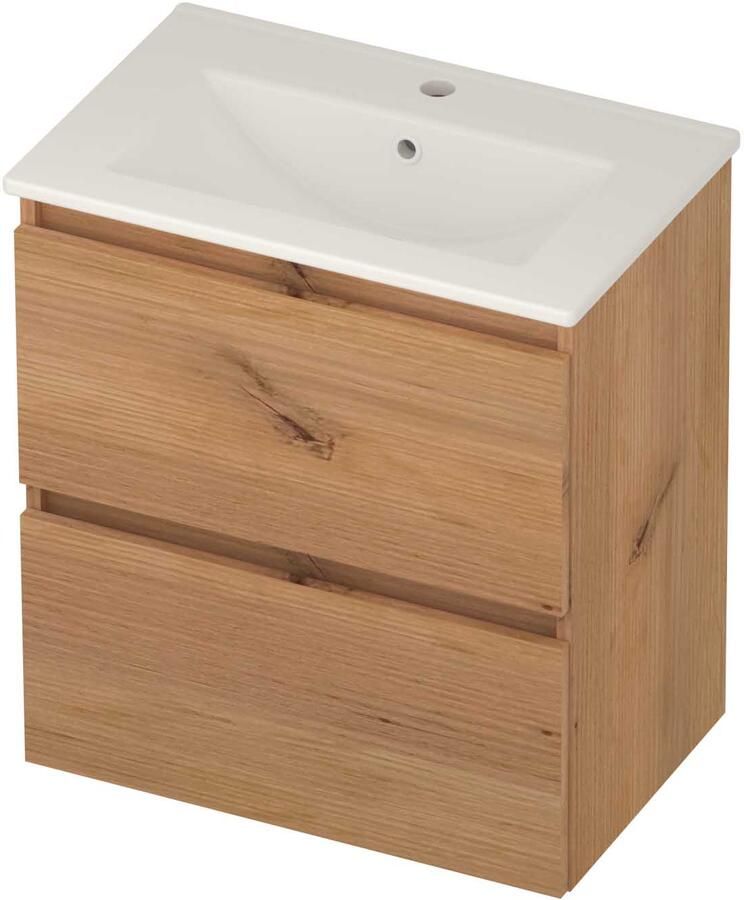 Basic-Line Score 39 Badmeubelset Porselein 1 Kraangat Greeploos 60x39x62 cm Whisky Oak Glans Wit