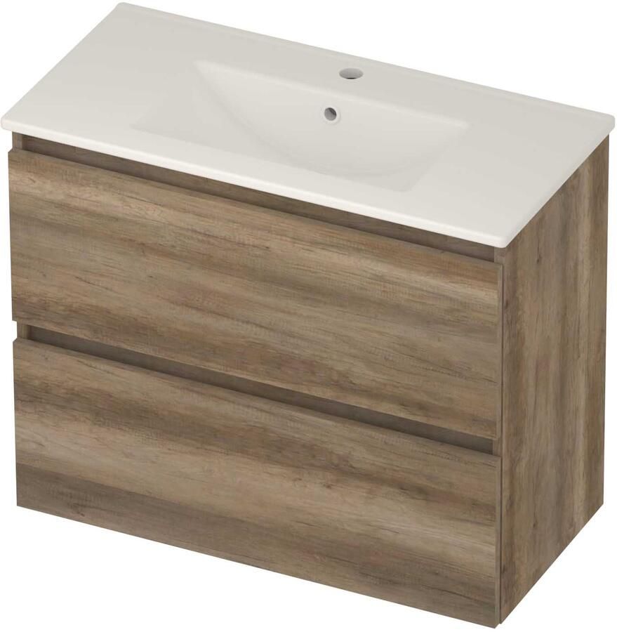 Basic-Line Score 39 Badmeubelset Porselein 1 Kraangat Greeploos 80x39x62 cm Scotch Oak Glans Wit