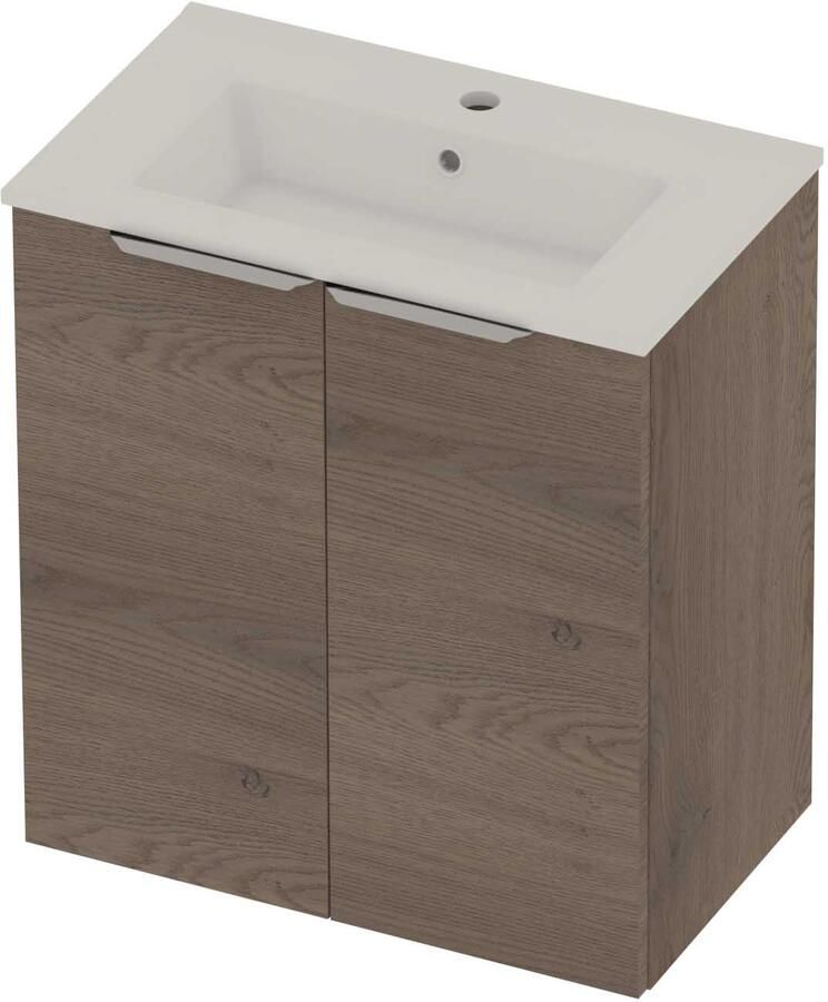 Basic-Line Tiny 36 Badmeubelset Porselein 1 Kraangat Voor Grepen 60x36x67 cm Dusk Oak Glans Wit