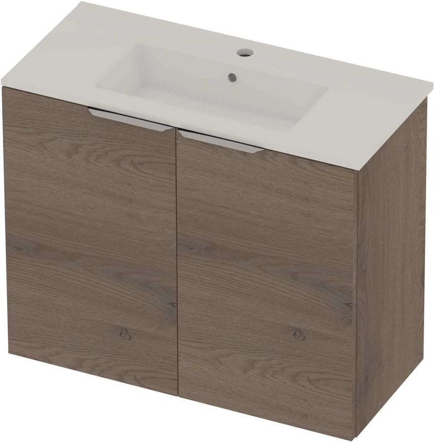 Basic-Line Tiny 36 Badmeubelset Porselein 1 Kraangat Voor Grepen 80x36x67 cm Dusk Oak Glans Wit