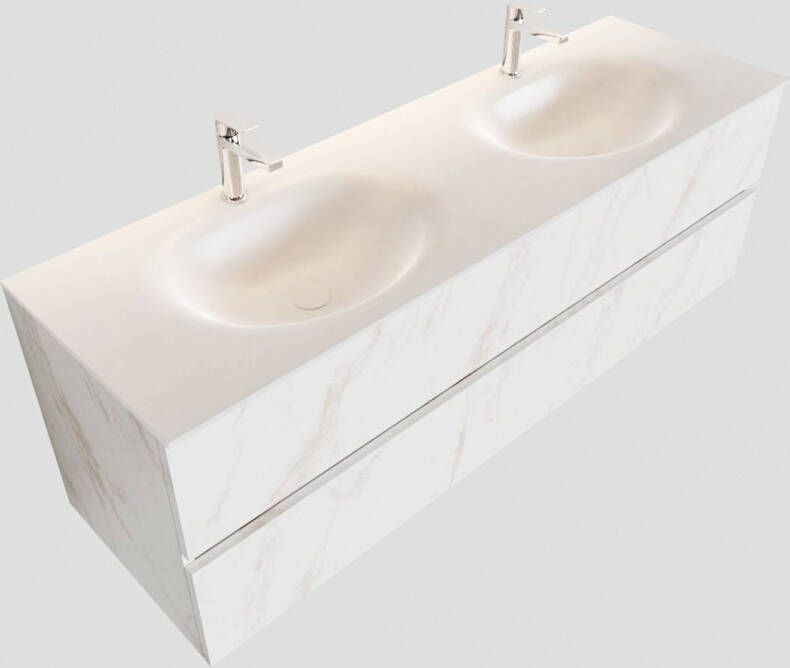 Boss & Wessing Badkamermeubel BWS Madrid Carrara Mat 150 cm Solid Surface Wastafel Dubbel (2 kraangaten 2 lades)