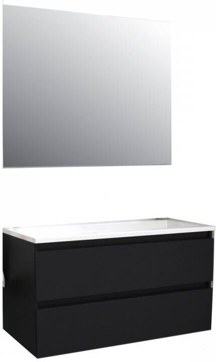 Boss & Wessing Badkamermeubel BWS Pepper Acryl Wastafel Twee Kraangaten Incl Spiegel 100x55x46 cm Mat Zwart