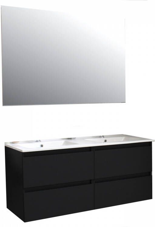 Boss & Wessing Badkamermeubel BWS Pepper Wastafel Porselein Twee Kraangaten Incl Spiegel 120x55x46 cm Mat Zwart