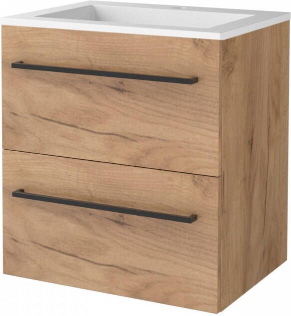 Boss & Wessing Badmeubelset BWS Salt 60x46cm Met Grepen 2 Lades Met Wastafel Acryl 1 Kraangat Whisky Oak