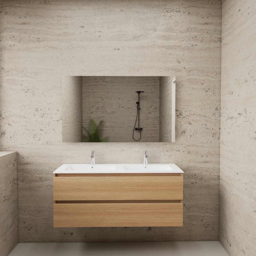 Boss & Wessing ACTIE BWS Badmeubel | Paris | Naturel Eiken 120 cm | Hoogglans Wit Wastafel | 2 Kraangaten