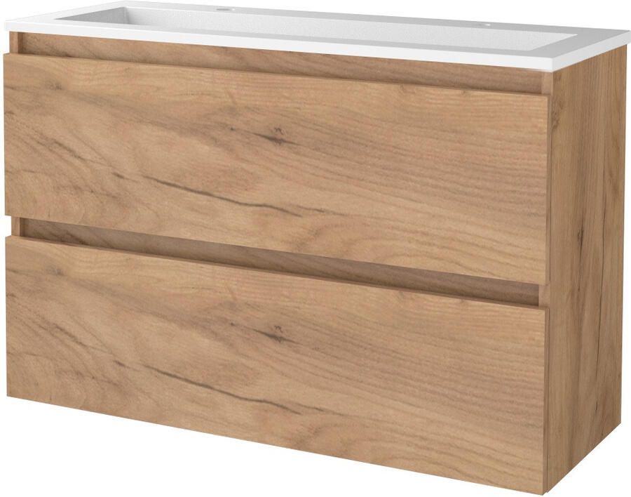 Boss & Wessing Badmeubelset BWS Salt 100x39cm Greeploos 2 Lades Met Wastafel 2 Kraangaten Whisky Oak