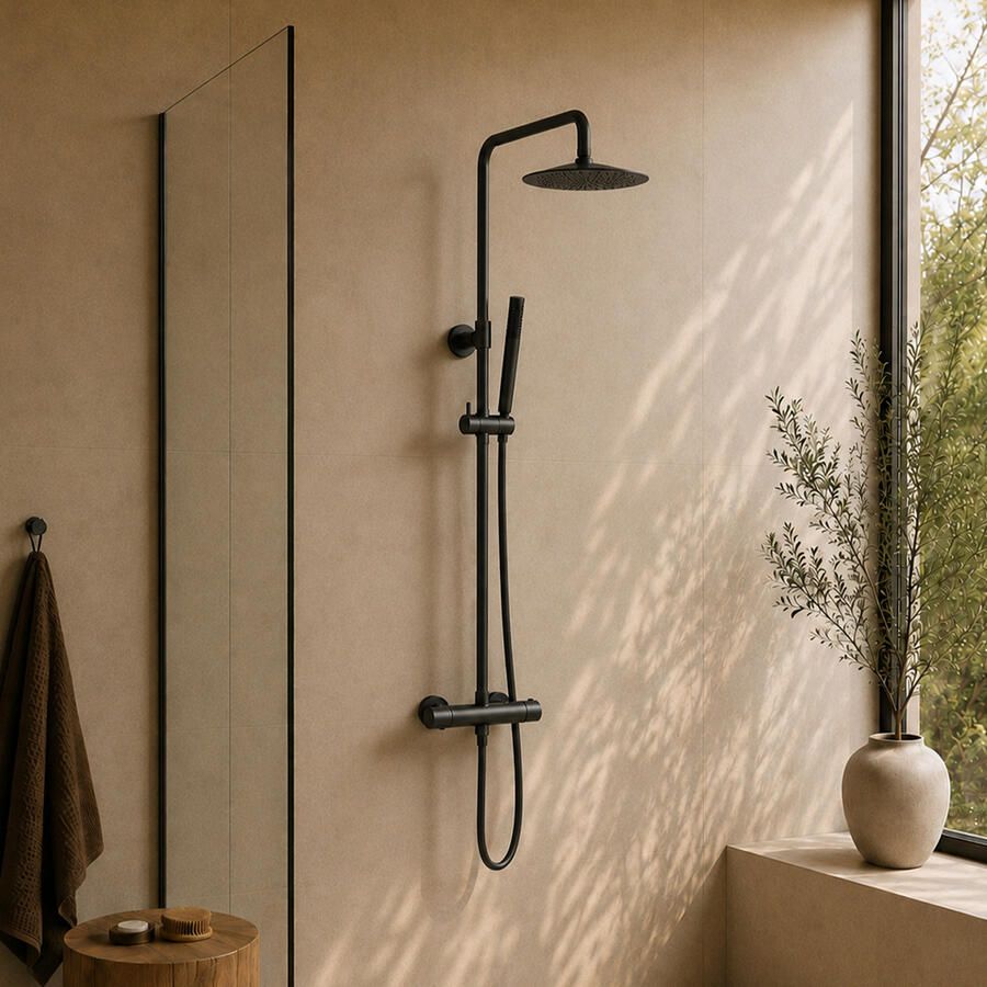 Aqua Splash Opbouw Regendouche Set Colorato Thermostatisch Hoofddouche 20 cm Vierkant Mat Zwart