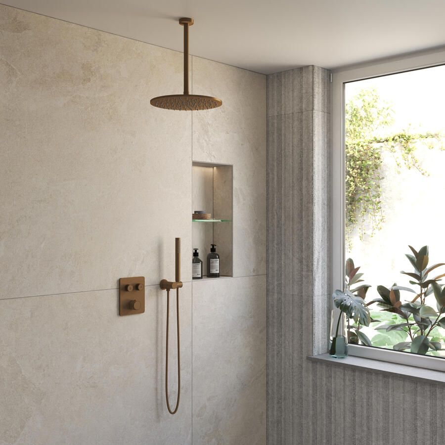 Boss & Wessing BWS Inbouw Regendouche | Sensa | Brons | Plafonduitloop | 30cm Hoofddouche met Handdouche | Drukknoppen